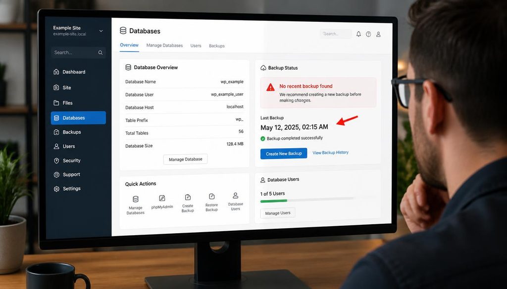 WordPress password recovery preparation showing a database backup and hosting control panel before advanced troubleshooting.