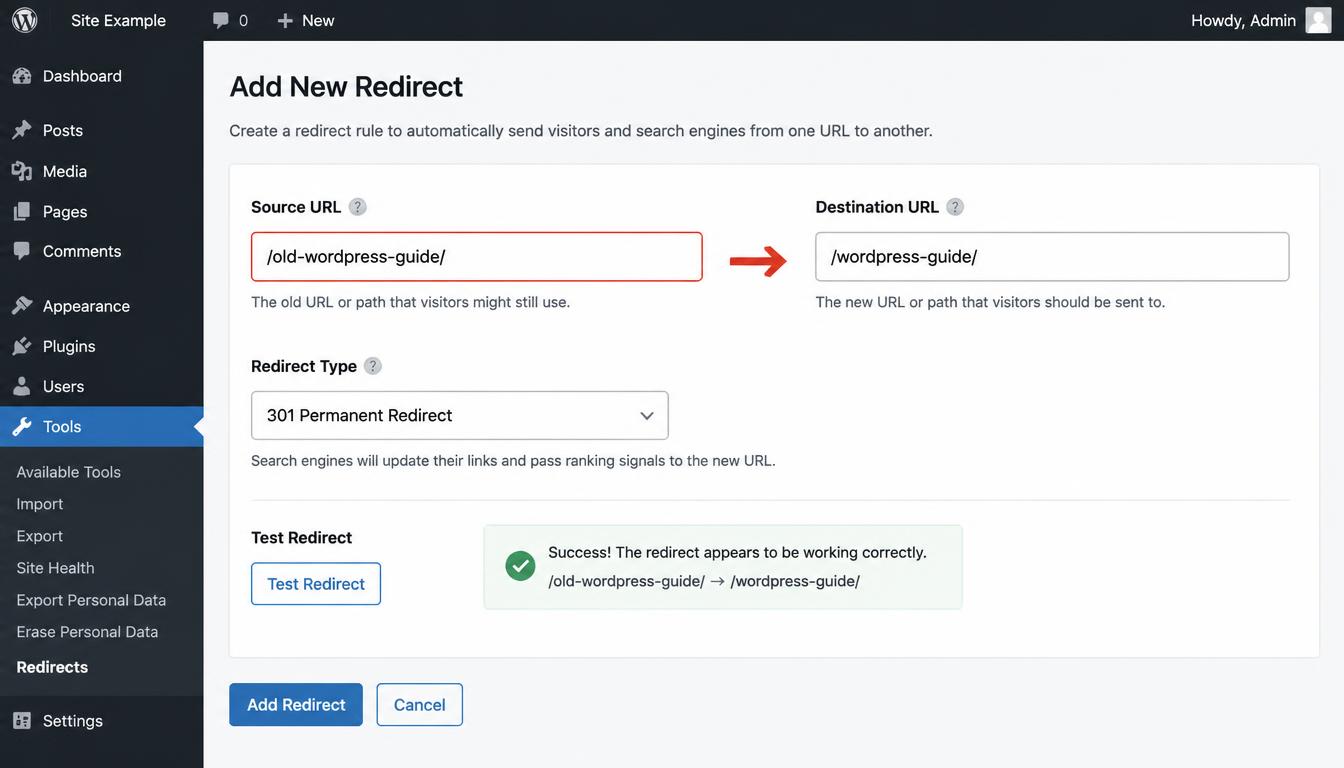Example 301 redirect settings mapping an old WordPress URL to a relevant replacement to resolve WordPress 404 errors.