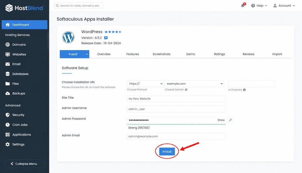 WordPress installation wizard in a hosting control panel with the domain and administrator details completed before installation.