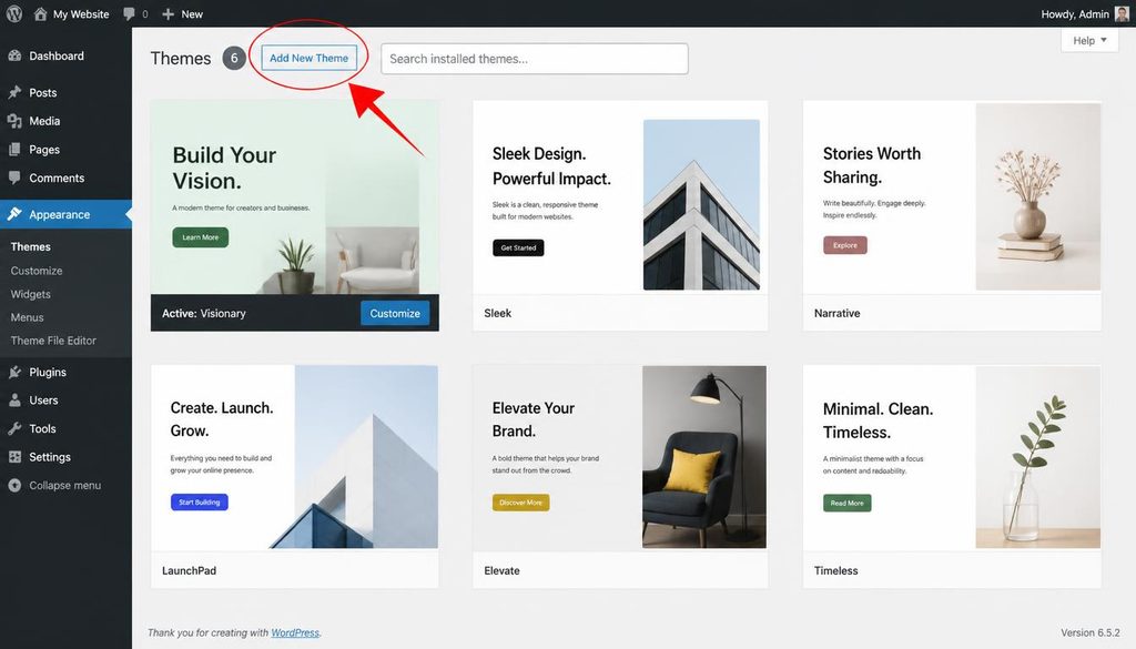 WordPress Appearance Themes screen with the Add New Theme control highlighted.