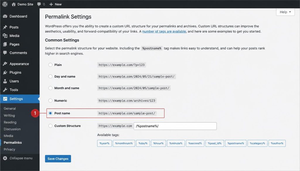 WordPress Settings Permalinks screen with the Post name option highlighted.