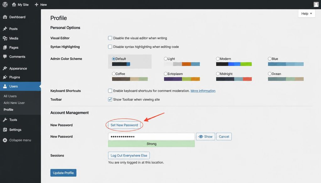WordPress user profile Account Management section with the Set New Password control highlighted.