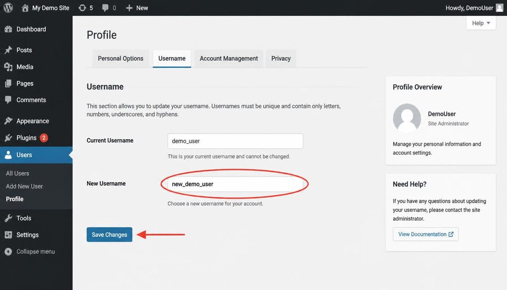 Illustrative WordPress username-editing plugin screen showing the new username field and save control.
