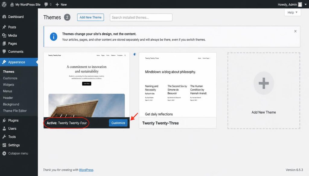 WordPress dashboard Appearance Themes screen showing where to preview and activate a website theme.